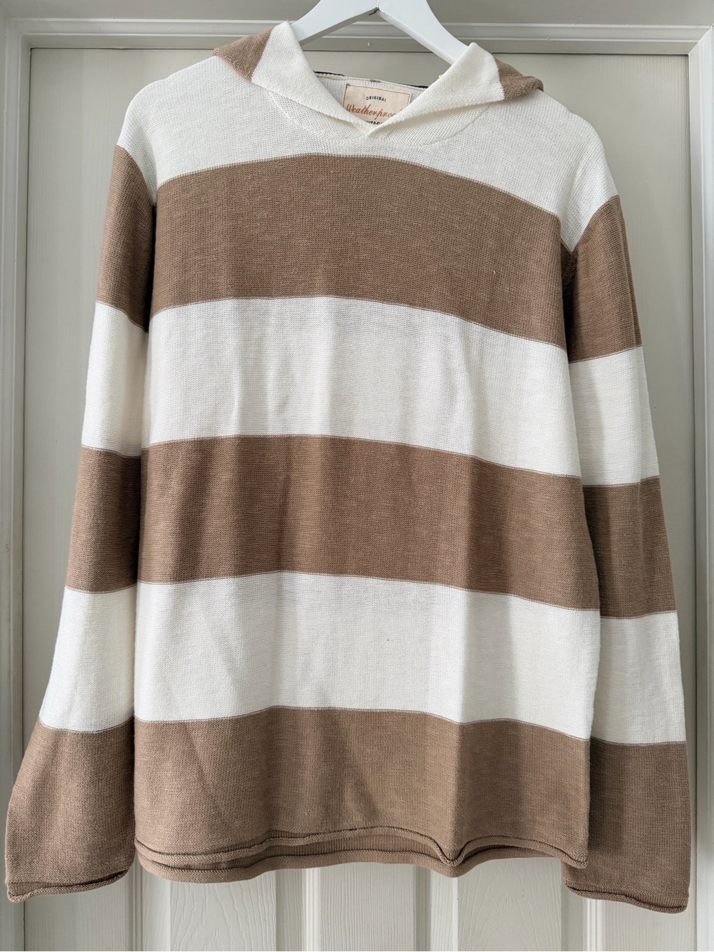 Men’s cream and brown hooded long sleeve shirt
